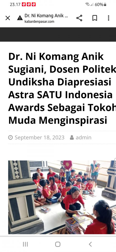 Dr. Ni Komang Anik Sugiani, Dosen Politeknik Undiksha Diapresiasi Astra SATU Indonesia Awards Sebagai Tokoh Muda Menginspirasi