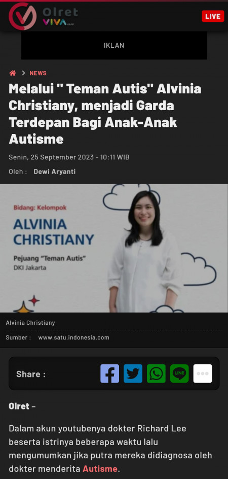 Melalui &quot; Teman Autis&quot; Alvinia Christiany, menjadi Garda Terdepan Bagi Anak-Anak Autisme