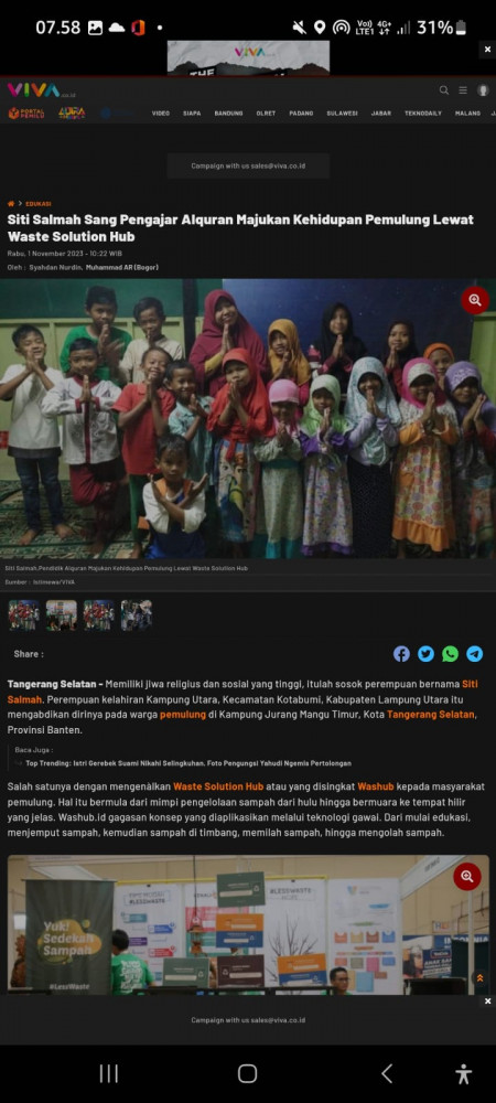 Siti Salmah Sang Pengajar Alquran Majukan Kehidupan Pemulung Lewat Waste Solution Hub