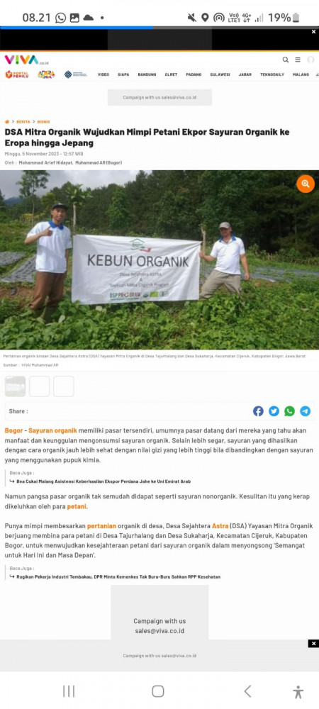 DSA Mitra Organik Wujudkan Mimpi Petani Ekpor Sayuran Organik ke Eropa hingga Jepang